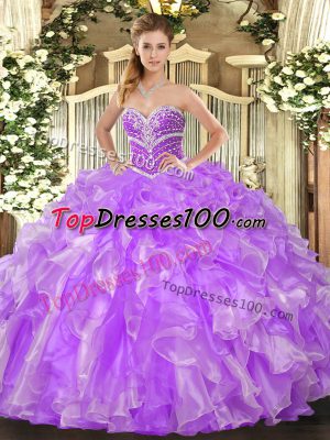 Lavender Organza Lace Up Sweetheart Sleeveless Floor Length Ball Gown Prom Dress Beading and Ruffles