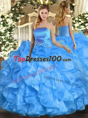 Romantic Floor Length Baby Blue Sweet 16 Dresses Organza Sleeveless Ruffles
