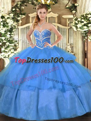 Blue Sweetheart Neckline Beading and Ruffled Layers Quinceanera Gown Sleeveless Lace Up
