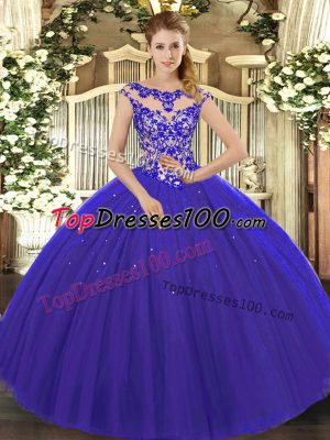 Graceful Royal Blue Lace Up Quinceanera Dresses Beading and Appliques Cap Sleeves Floor Length