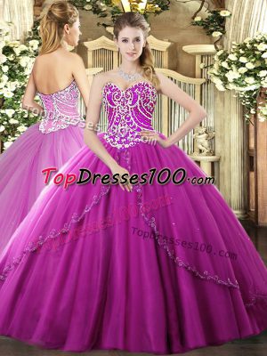 Designer Fuchsia Ball Gowns Tulle Sweetheart Sleeveless Beading Lace Up Vestidos de Quinceanera Brush Train
