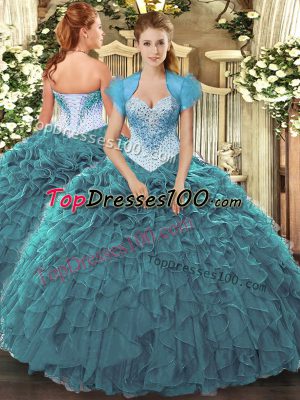 Teal Lace Up Sweetheart Beading and Ruffles 15 Quinceanera Dress Organza Sleeveless