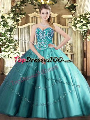Floor Length Lace Up 15 Quinceanera Dress Teal for Military Ball and Sweet 16 and Quinceanera with Beading and Appliques