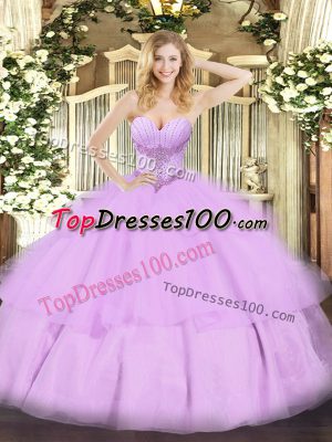 Lavender Lace Up 15 Quinceanera Dress Beading and Ruffled Layers Sleeveless Floor Length