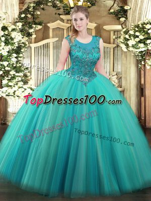 Turquoise Quinceanera Dresses Military Ball and Sweet 16 and Quinceanera with Beading Scoop Sleeveless Zipper