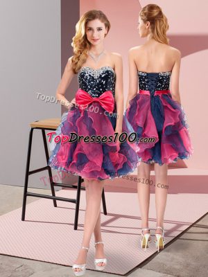 Sleeveless Organza Mini Length Lace Up Prom Gown in Multi-color with Beading and Ruffles and Bowknot