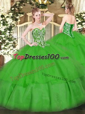 Fashionable Sleeveless Floor Length Beading and Ruffled Layers Lace Up Sweet 16 Dress with Green