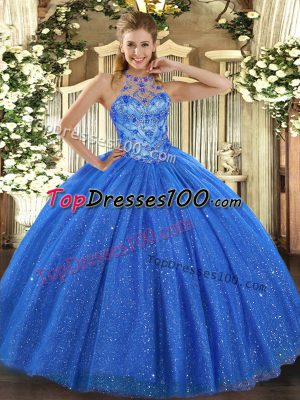 Dynamic Blue Ball Gowns Tulle Halter Top Sleeveless Beading and Embroidery Floor Length Lace Up Quince Ball Gowns