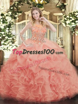 Flirting Baby Pink Ball Gowns Beading and Ruffles 15th Birthday Dress Zipper Organza Sleeveless Floor Length