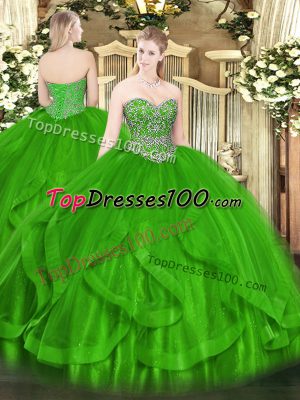Top Selling Sweetheart Sleeveless 15 Quinceanera Dress Floor Length Beading and Ruffles Green Tulle