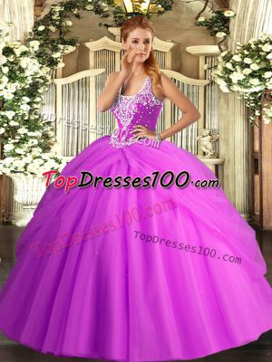 Traditional Floor Length Lace Up Vestidos de Quinceanera Lilac for Military Ball and Sweet 16 and Quinceanera with Beading and Pick Ups