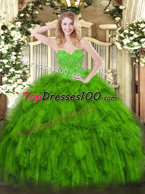 Custom Made Green Lace Up Sweetheart Beading and Ruffles 15th Birthday Dress Organza Sleeveless