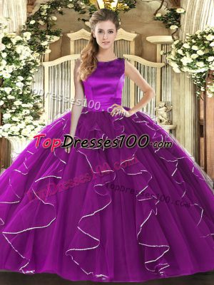 Amazing Eggplant Purple Sleeveless Floor Length Ruffles Lace Up Vestidos de Quinceanera