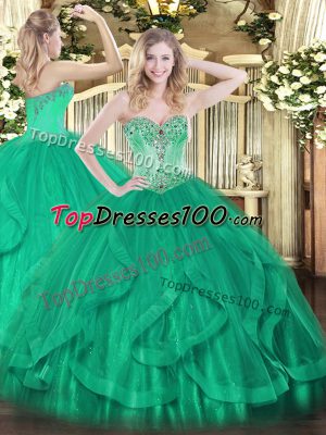 Floor Length Turquoise Quinceanera Gowns Tulle Sleeveless Beading and Ruffles