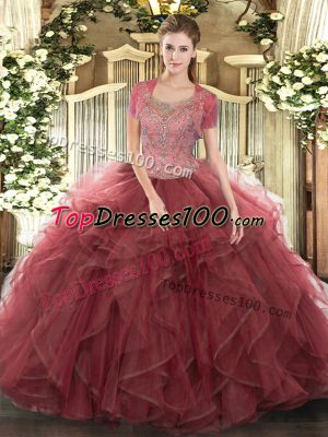 Scoop Sleeveless Clasp Handle Quinceanera Dresses Burgundy Tulle