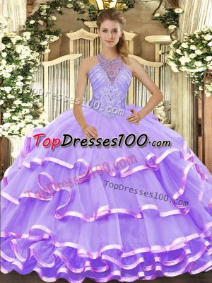 Lavender Sleeveless Beading and Ruffled Layers Floor Length Quinceanera Gown