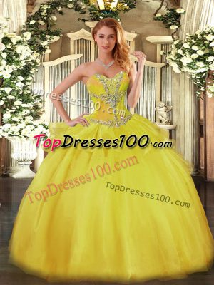Hot Selling Gold Lace Up Sweetheart Beading Quinceanera Gowns Tulle Sleeveless