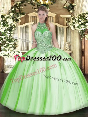 Lace Up Halter Top Beading and Appliques 15th Birthday Dress Tulle Sleeveless