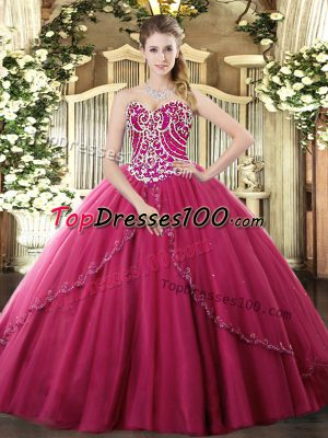 Hot Pink Tulle Lace Up Sweetheart Sleeveless Quinceanera Dress Brush Train Beading
