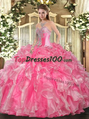 Perfect Sweetheart Sleeveless Lace Up Sweet 16 Dresses Rose Pink Organza