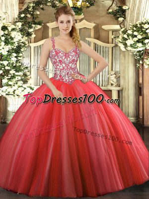 Luxurious Sleeveless Floor Length Beading and Appliques Lace Up 15 Quinceanera Dress with Coral Red