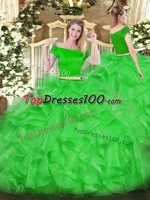 Perfect Green Two Pieces Organza Off The Shoulder Short Sleeves Appliques and Ruffles Floor Length Zipper 15 Quinceanera Dress