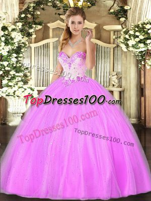 Sleeveless Floor Length Beading Lace Up Vestidos de Quinceanera with Lilac