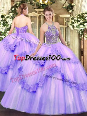 Floor Length Lavender Quinceanera Gown Halter Top Sleeveless Lace Up