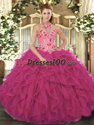 Ball Gowns Quinceanera Gowns Hot Pink Halter Top Organza Sleeveless Floor Length Lace Up