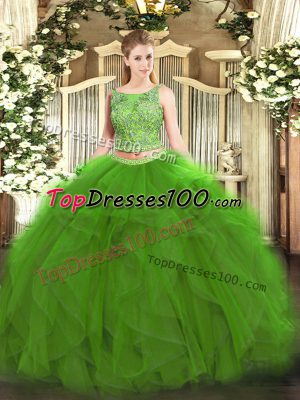 Two Pieces Sweet 16 Dress Green Scoop Tulle Sleeveless Floor Length Lace Up