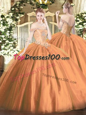 Dramatic Off The Shoulder Sleeveless Lace Up Ball Gown Prom Dress Rust Red Tulle