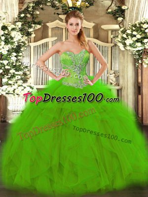 Green Organza Lace Up Sweetheart Sleeveless Floor Length Quinceanera Gowns Beading and Ruffles