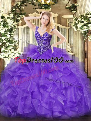 Popular Floor Length Lavender Vestidos de Quinceanera Organza Sleeveless Beading and Ruffles