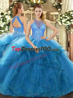 Teal Sleeveless Beading and Ruffles Floor Length Sweet 16 Dresses