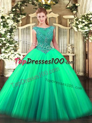 Turquoise Sleeveless Floor Length Beading Zipper Sweet 16 Dress