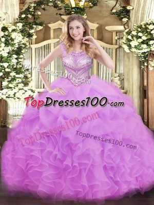 Lilac Lace Up Scoop Beading and Ruffles and Pick Ups 15 Quinceanera Dress Organza Sleeveless