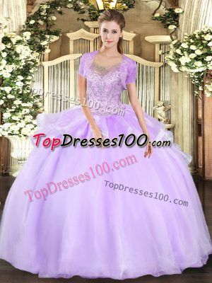 Ideal Scoop Sleeveless Sweet 16 Dress Floor Length Beading and Ruffles Lavender Tulle