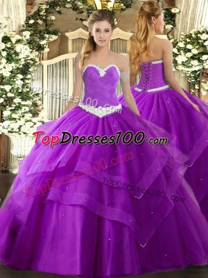 Hot Sale Floor Length Purple Quinceanera Gown Tulle Sleeveless Appliques and Ruffled Layers