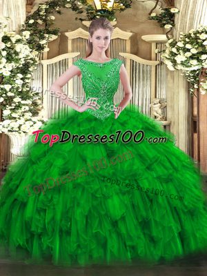 Glamorous Green Organza Zipper Ball Gown Prom Dress Sleeveless Floor Length Beading and Ruffles