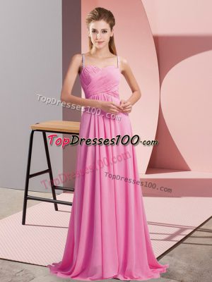Rose Pink Empire Chiffon Spaghetti Straps Sleeveless Ruching Backless Homecoming Dress Sweep Train