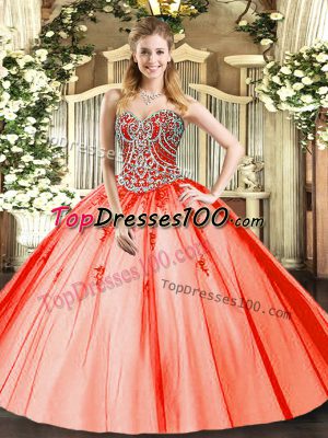 Clearance Orange Red Lace Up Vestidos de Quinceanera Beading and Appliques Sleeveless Floor Length