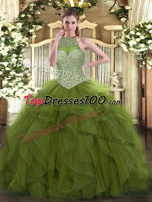 Ball Gowns Quince Ball Gowns Olive Green Halter Top Tulle Sleeveless Floor Length Lace Up