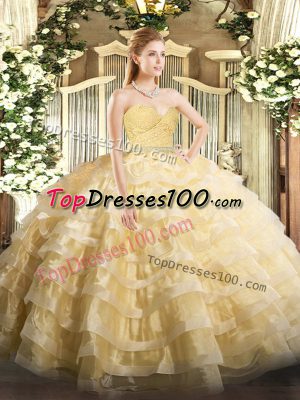 Enchanting Gold Ball Gowns Sweetheart Sleeveless Tulle Floor Length Zipper Beading and Lace and Ruffled Layers Quince Ball Gowns