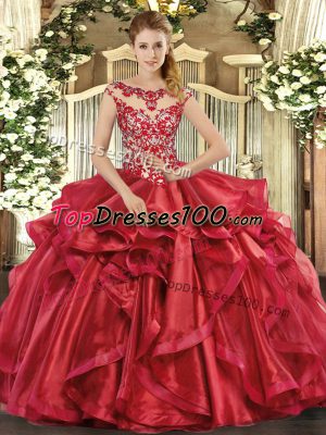 Red Ball Gowns Organza Scoop Cap Sleeves Appliques and Ruffles Floor Length Lace Up Quinceanera Dresses