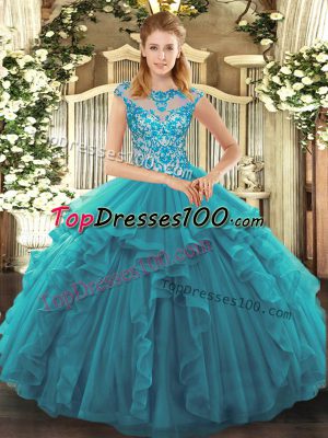 Hot Selling Scoop Cap Sleeves Organza Vestidos de Quinceanera Ruffles Lace Up