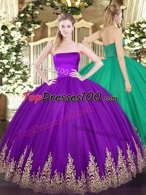 High Quality Purple Tulle Zipper Vestidos de Quinceanera Sleeveless Floor Length Appliques