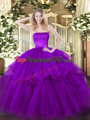 Customized Purple Sleeveless Tulle Brush Train Zipper Sweet 16 Quinceanera Dress for Military Ball and Sweet 16 and Quinceanera