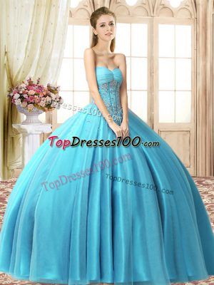 Free and Easy Aqua Blue Sleeveless Floor Length Beading Lace Up Sweet 16 Dresses