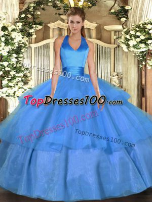 Cute Baby Blue Sleeveless Floor Length Ruffled Layers Lace Up Quince Ball Gowns