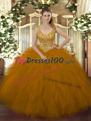 Brown Ball Gowns V-neck Sleeveless Tulle Floor Length Zipper Beading and Ruffles Ball Gown Prom Dress